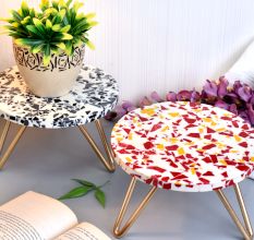 Red and Black Terrazzo Wood and Resin Cake Stand for Dessert, Fruit and Planter