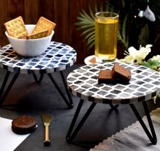 Grey and Blue Moroccan Motifs Wood and Resin Cake Stand for Dessert, Fruit and Planter