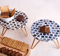 Grey and Blue Moroccan Motifs Wood and Resin Cake Stand for Dessert, Fruit and Planter