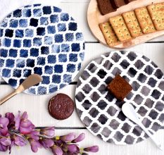 Grey and Blue Moroccan Motifs Wood and Resin Cake Stand for Dessert, Fruit and Planter