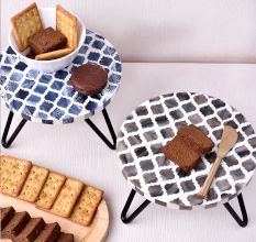Grey and Blue Moroccan Motifs Wood and Resin Cake Stand for Dessert, Fruit and Planter