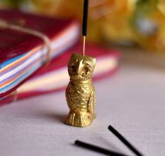 Golden Brass Standing Owl Agarbatti Holder Stand