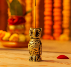 Antique Golden Brass Standing Owl Incense Stick Holder