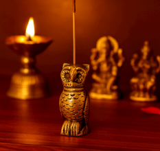 Antique Golden Brass Standing Owl Incense Stick Holder