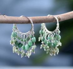 92.5 Sterling Silver Boho style Green Stone Hoop Earrings