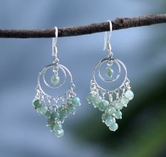92.5 Sterling Silver Green Bead Hoop Dangle Drop Earrings