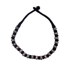 Tribal Black Thread and Oxidized Silver Bead Necklace