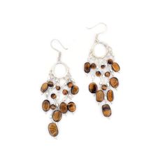 92.5 Sterling Silver Tiger Eye Beads Chandelier Earrings