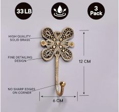 Brass Flower Wall Hook Hand Engraved Design - Pack of 3
