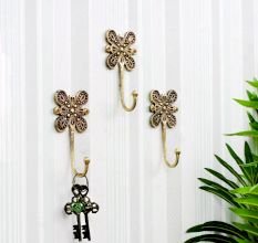 Brass Flower Wall Hook Hand Engraved Design - Pack of 3