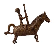 Hanging Brass Horse and Rider Statue in Tribal Art