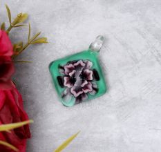 Lampwork Flower Engraved Green Diamond Glass Pendant for Necklace - 1 Piece