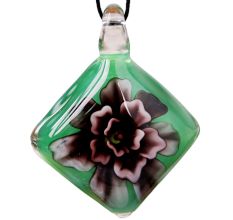 Lampwork Flower Engraved Green Diamond Glass Pendant for Necklace - 1 Piece