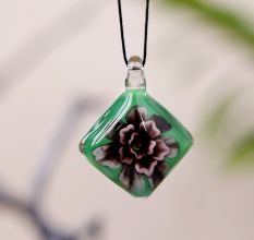 Lampwork Flower Engraved Green Diamond Glass Pendant for Necklace - 1 Piece