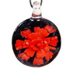 Flower Engraved Black Round Lampwork Glass Pendant for Gift - 1 Piece