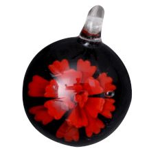 Flower Engraved Black Round Lampwork Glass Pendant for Gift - 1 Piece