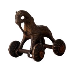 Brass Horse Statue with Four Wheels for Decor