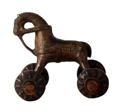 Brass Horse Statue with Four Wheels for Decor
