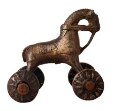 Brass Horse Statue with Four Wheels for Decor