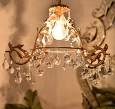 Vintage Italian Style Brass Enameled Chandelier with Crystal Drops