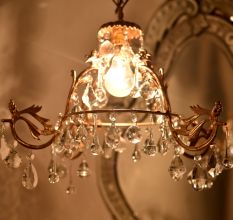Vintage Italian Style Brass Enameled Chandelier with Crystal Drops