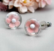 Pink Flower Engraved Glass Dresser Knobs