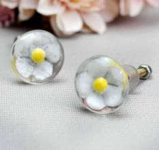 White Flower Engraved Glass  Cupboard Knobs