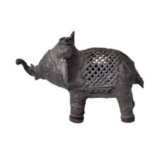 Brass Dhokra Elephant Statue With Carved Jali Design