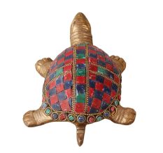 Brass Tortoise Statue With Colorful Stones
