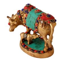 Kamdhenu Cow With Calf Colorful Stones