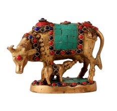 Kamdhenu Cow With Calf Colorful Stones