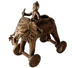 Brass Elephant With Rider Temple Toy On Wheels