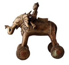 Brass Elephant With Rider Temple Toy On Wheels
