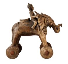 Brass Elephant With Rider Temple Toy On Wheels