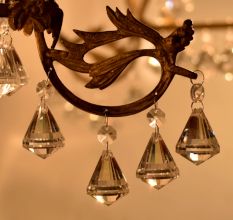 Vintage Italian Style Brass Enameled Chandelier with Faceted Diamond Crystal Drops