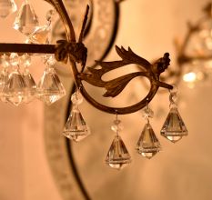 Vintage Italian Style Brass Enameled Chandelier with Faceted Diamond Crystal Drops