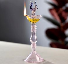 Borosilicate Pink Glass Oil Lamp with Peacock Figurine