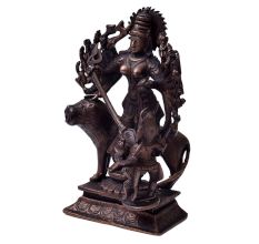 Copper Statue Of Goddess Durga Killing Mahishasur In Dark Finish
