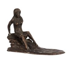 Vintage Brass Lady Seated on Cliff in English Art