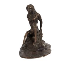 Vintage Brass Lady Seated on Cliff in English Art