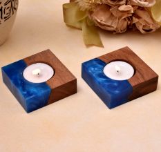 Wooden T-Lite Holder With Blue Resin Effect - 2 Piece