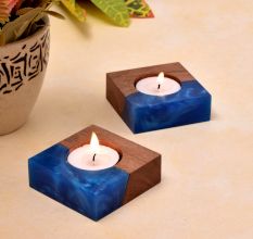 Wooden T-Lite Holder With Blue Resin Effect - 2 Piece