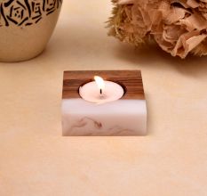 White Translucent Resin and Wood T-Lite Holder - 1 Piece