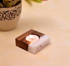 White Translucent Resin and Wood T-Lite Holder - 1 Piece