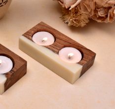 Wood Tea-light Holder with a White Resin Finish - 2 Piece