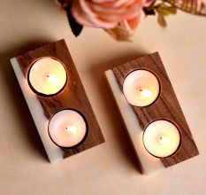 Wood Tea-light Holder with a White Resin Finish - 2 Piece