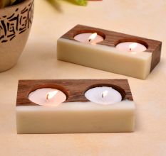 Wood Tea-light Holder with a White Resin Finish - 2 Piece