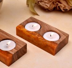Candle Holder for Tea Light made of Wood and Orange Epoxy Resin - 2 Piece