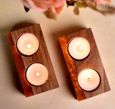 Candle Holder for Tea Light made of Wood and Orange Epoxy Resin - 2 Piece