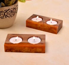 Candle Holder for Tea Light made of Wood and Orange Epoxy Resin - 2 Piece